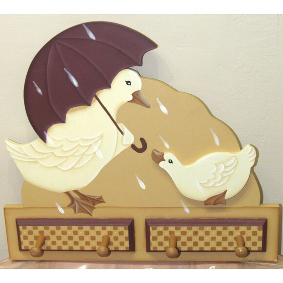 Decorative Wooden Duck Wall Hook Rack With Four Pegs & Umbrella Design - Picture 6 of 11